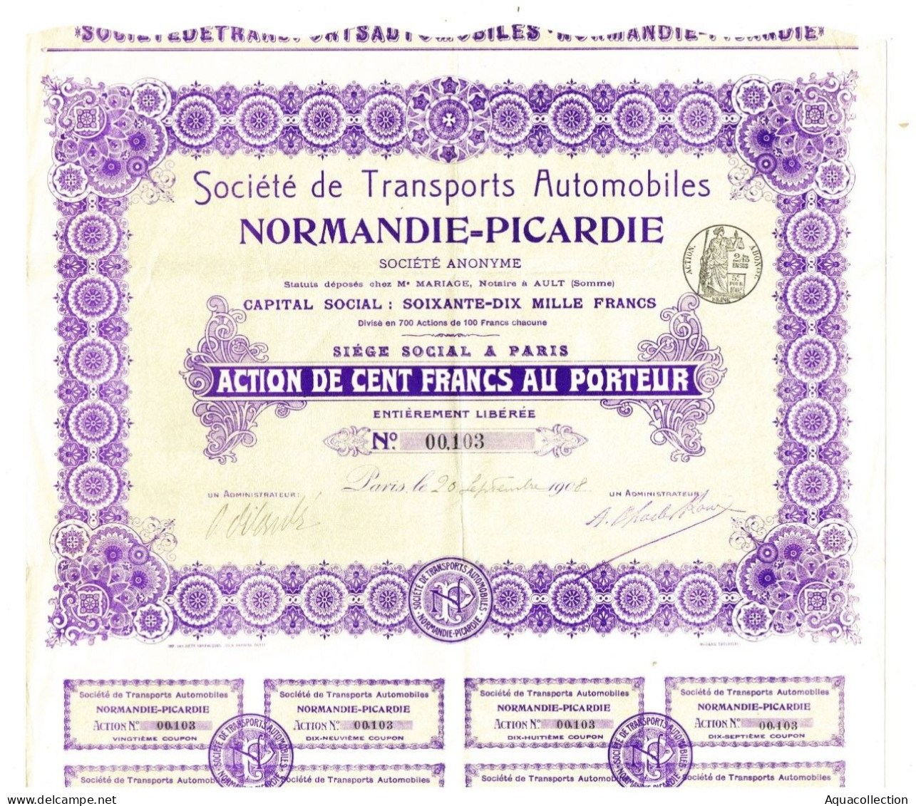 Action Société De Transports Automobiles NORMANDIE - PICARDIE. 1908 - Automobile