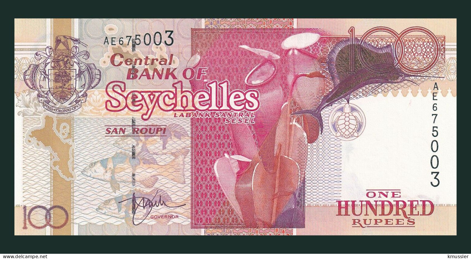 # # # Banknote Seychellen (Seychelles) Central Bank 100 Rupees 2001 (P-40) UNC # # # - Seychellen