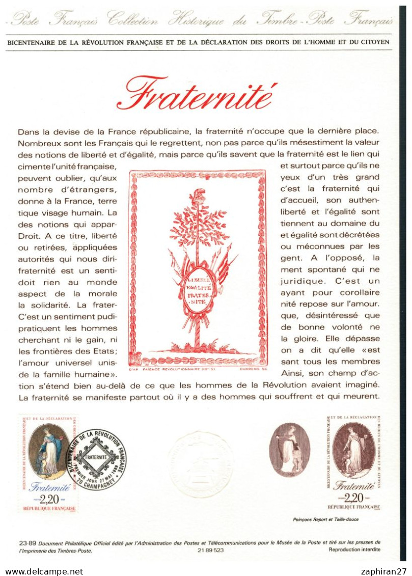 DOCUMENT PHILATELIQUE REVOLUTION FRATERNITE 27-5-1989 #411# - Franz. Revolution