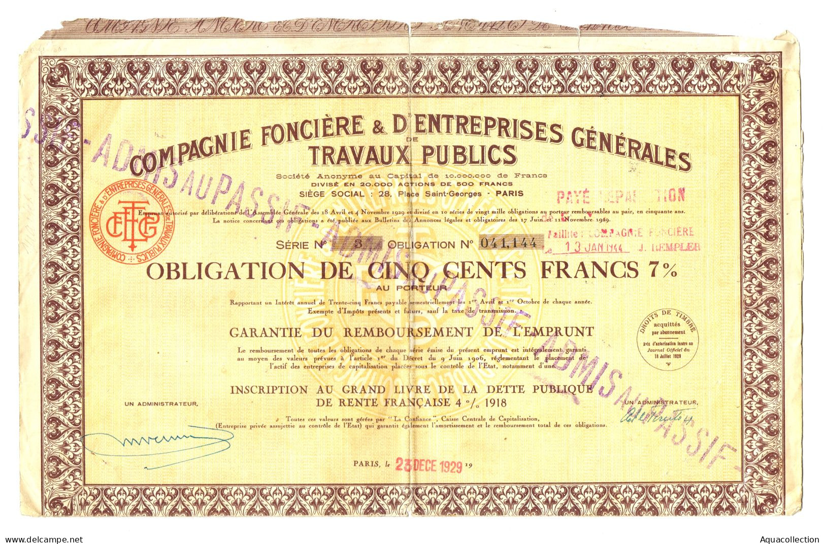 Action Compagnie Foncière & D'Entreprises Générales De Travaux Publics. 1929 - Industry