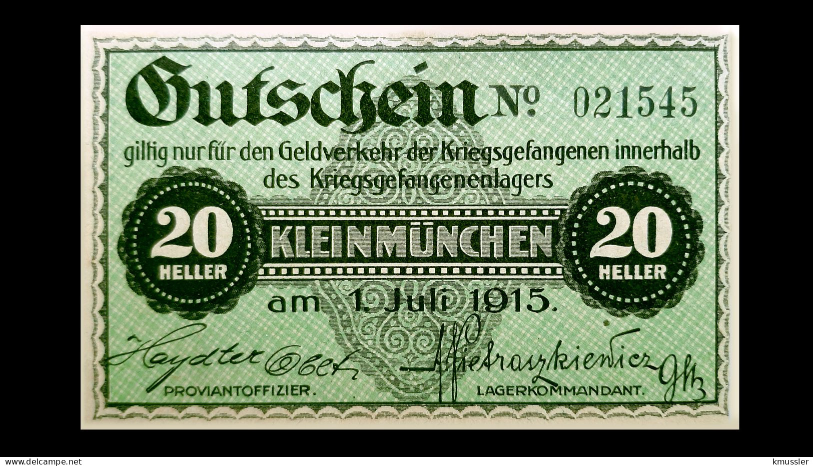 # # # Banknote/Gutschein Kriegsgefangenenlager Kleinmünchen (POW-Camp) 20 Heller # # # - Austria