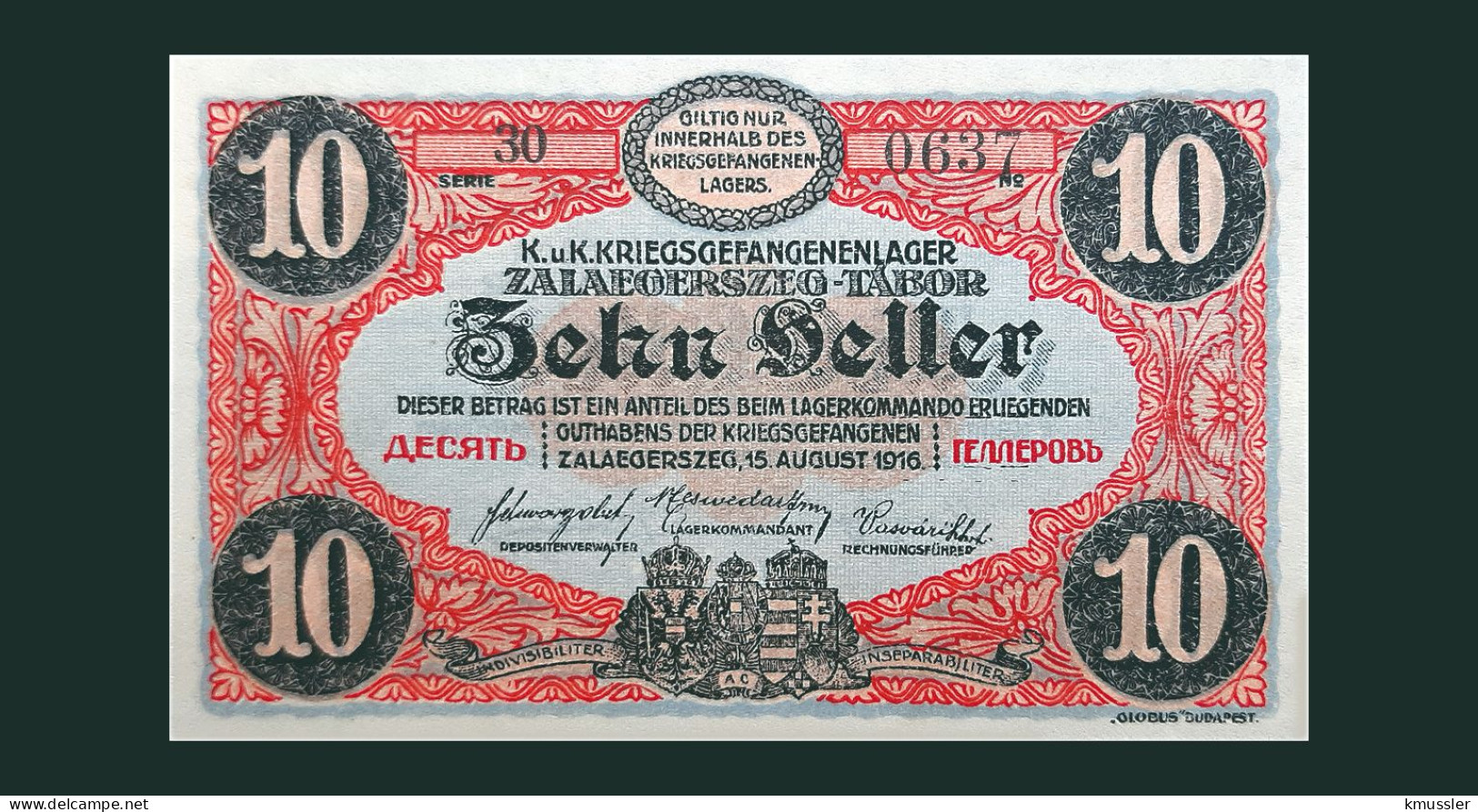 # # # Banknote Kriegsgefangenenlager Zalaegerszeg-Tabor (POW-Camp) 10 Heller # # # - Austria