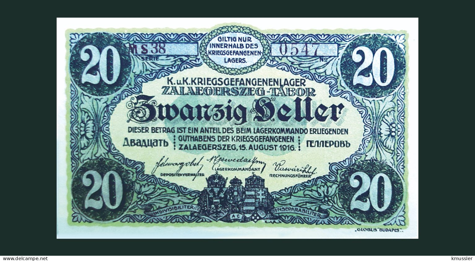 # # # Banknote Kriegsgefangenenlager Zalaegerszeg-Tabor (POW-Camp) 20 Heller # # # - Austria