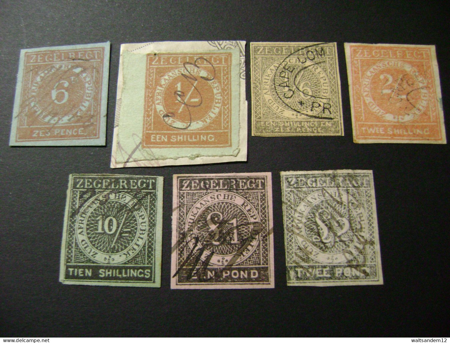 Transvaal (ZAR) 1875 6d, 1/-, 1/6, 2/-, 10/-, £1, £2 Imperf Used Revenue Stamps - Transvaal (1870-1909)