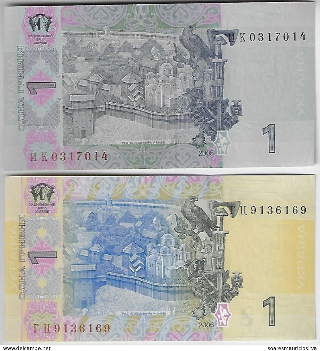 Ukaine Banknote Issues 1 Hryvnia 2005 And 2006 Pick-116b And 116Aa Uncirculated - Ucraina