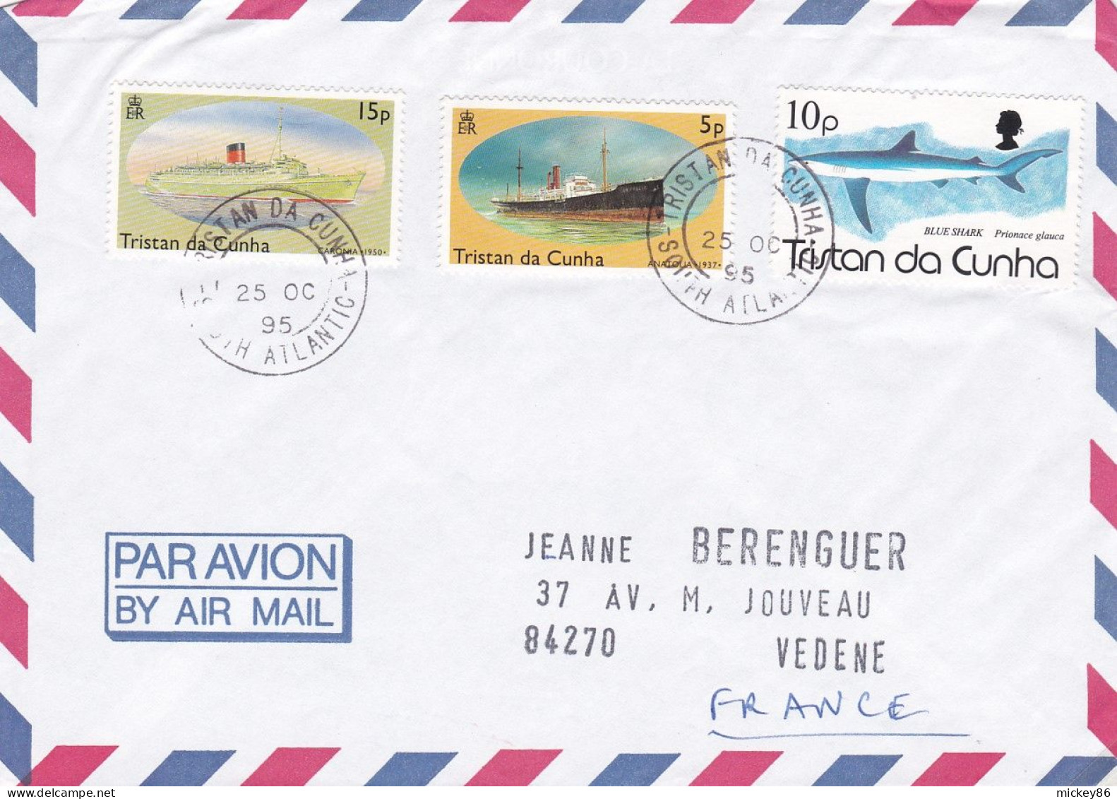 TRISTAN DA CUNHA --1995--Lettre Destinée à VEDENE-84 (France)..Beaux Timbres (bateaux + Requin)..cachets - Tristan Da Cunha
