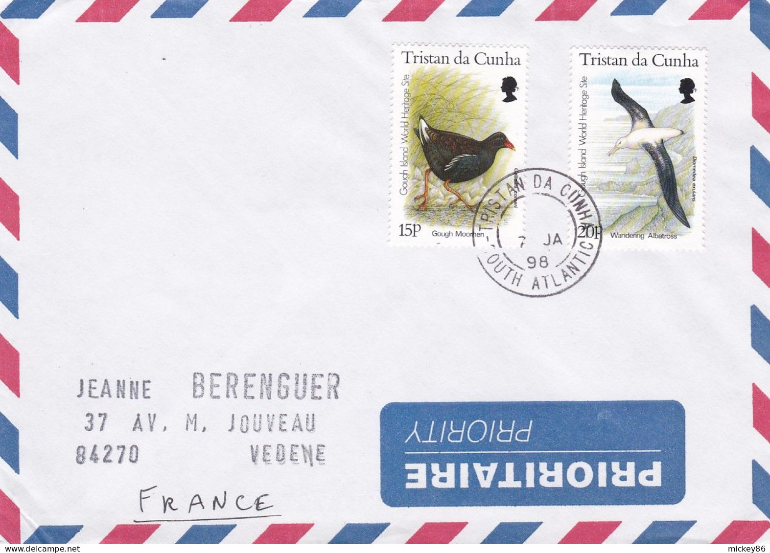 TRISTAN DA CUNHA --1998--Lettre Destinée à VEDENE-84 (France)..Beaux Timbres ( Oiseaux )..cachet - Tristan Da Cunha