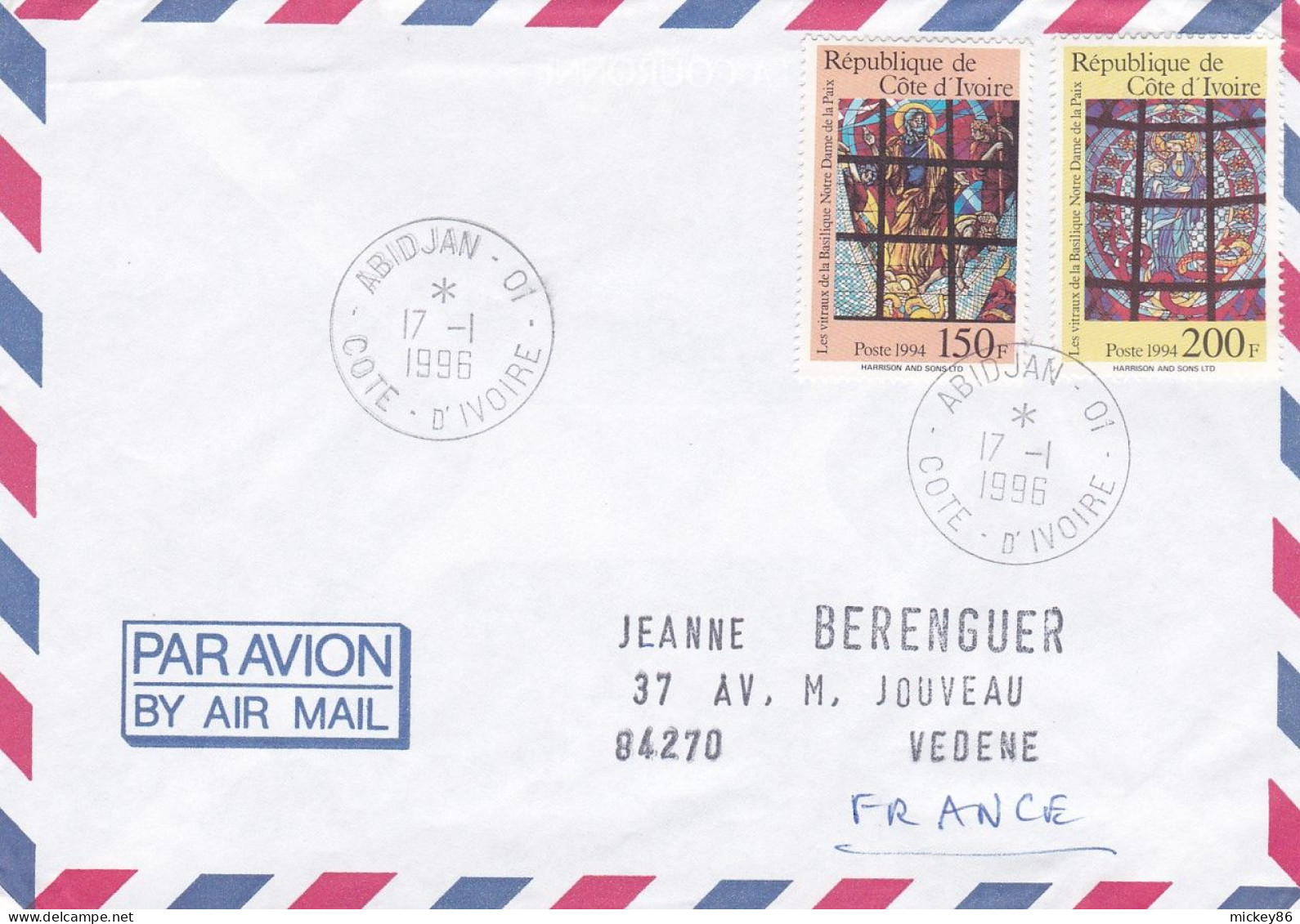 Côte D'Ivoire--1996--Lettre D'ABIDJAN à VEDENE-84 (France)..timbres ( Vitraux Basilique N.D De La Paix)..cachet - Côte D'Ivoire (1960-...)