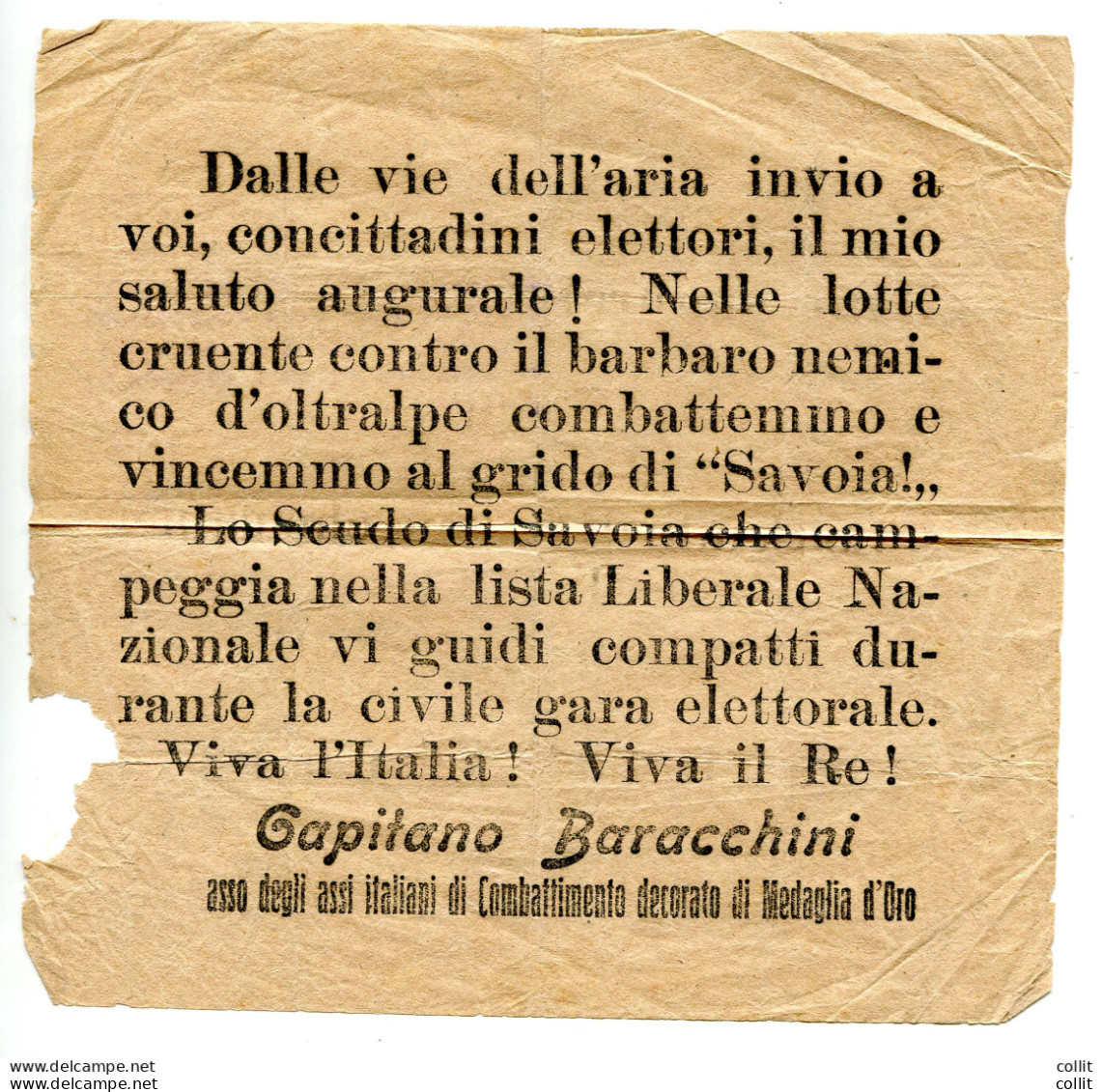 1917 - Volantino Stampa Propaganda Elettorale Lanciato In Volo Capit. Baracchini - Marcophilia (AirAirplanes)