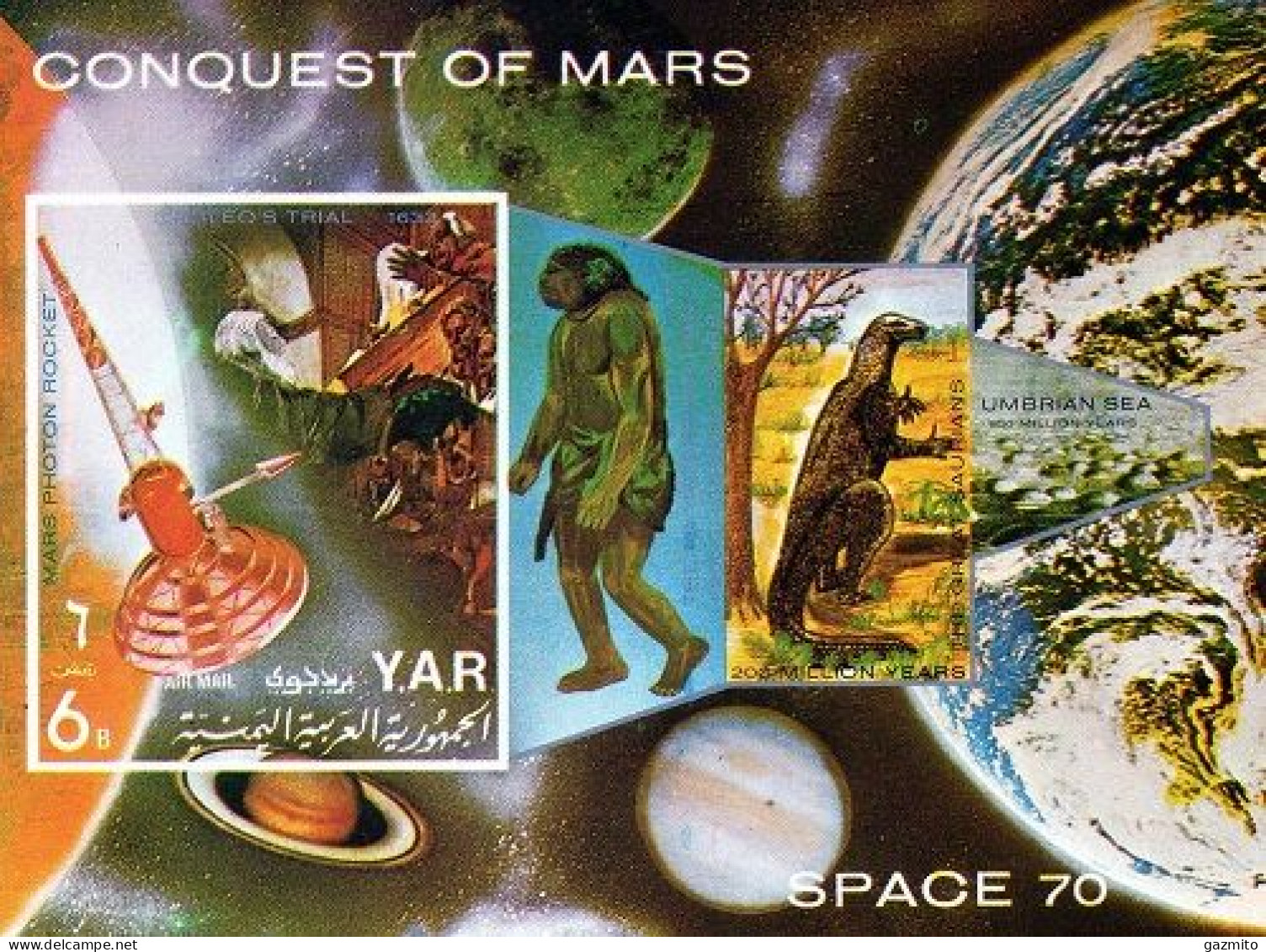 Yemen 1971, Space, Dinosaurs, Prehistoric Man, BF IMPERFORATED - Vor- Und Frühgeschichte