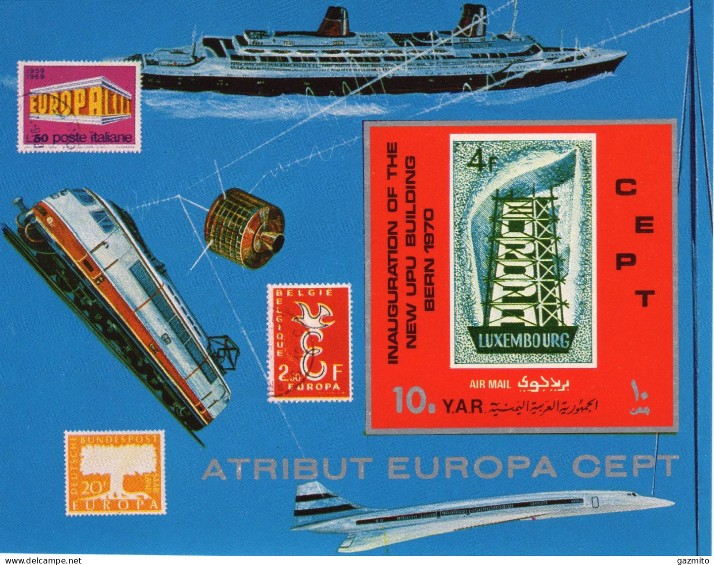 Yemen 1970, Stamps Europa CEPT, Concorde, Train, Ships, Block IMPERFORATED - Timbres Sur Timbres