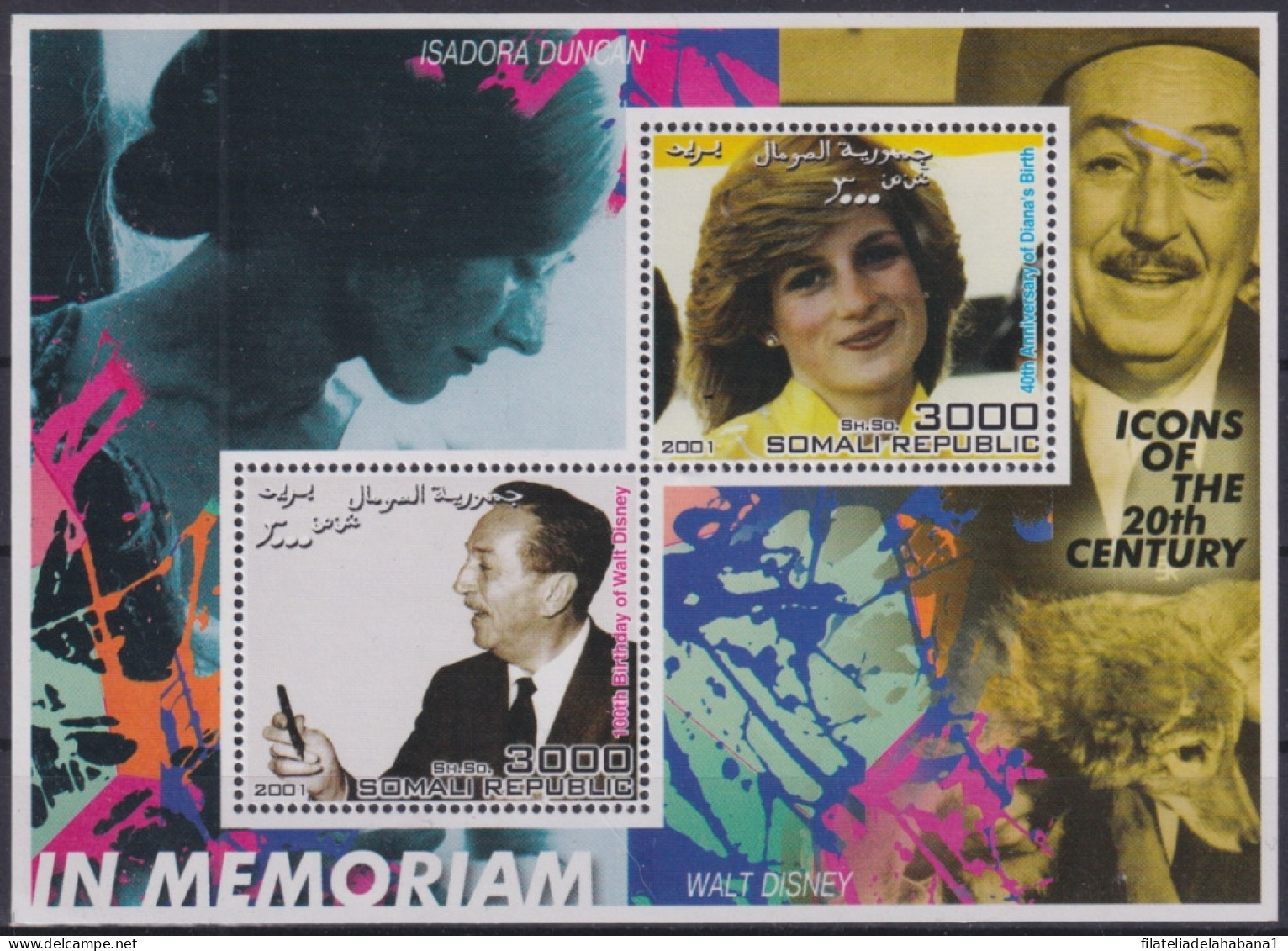 F-EX48708 SOMALIA MNH 2001 ICONS OF 20th CENTURY CINEMA MOVIE WALT DISNEY LADY DIANA ISADORA DUNCAN.  - Cinema