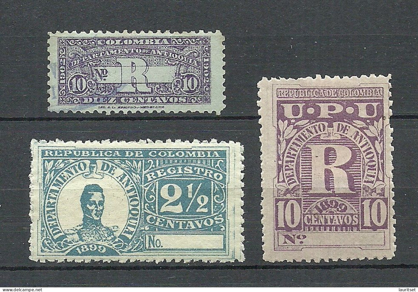 COLOMBIA KOLUMBIEN Departemento Antioquia 1899 - 3 Einschreibemarken Registration Stamps */o - Colombia