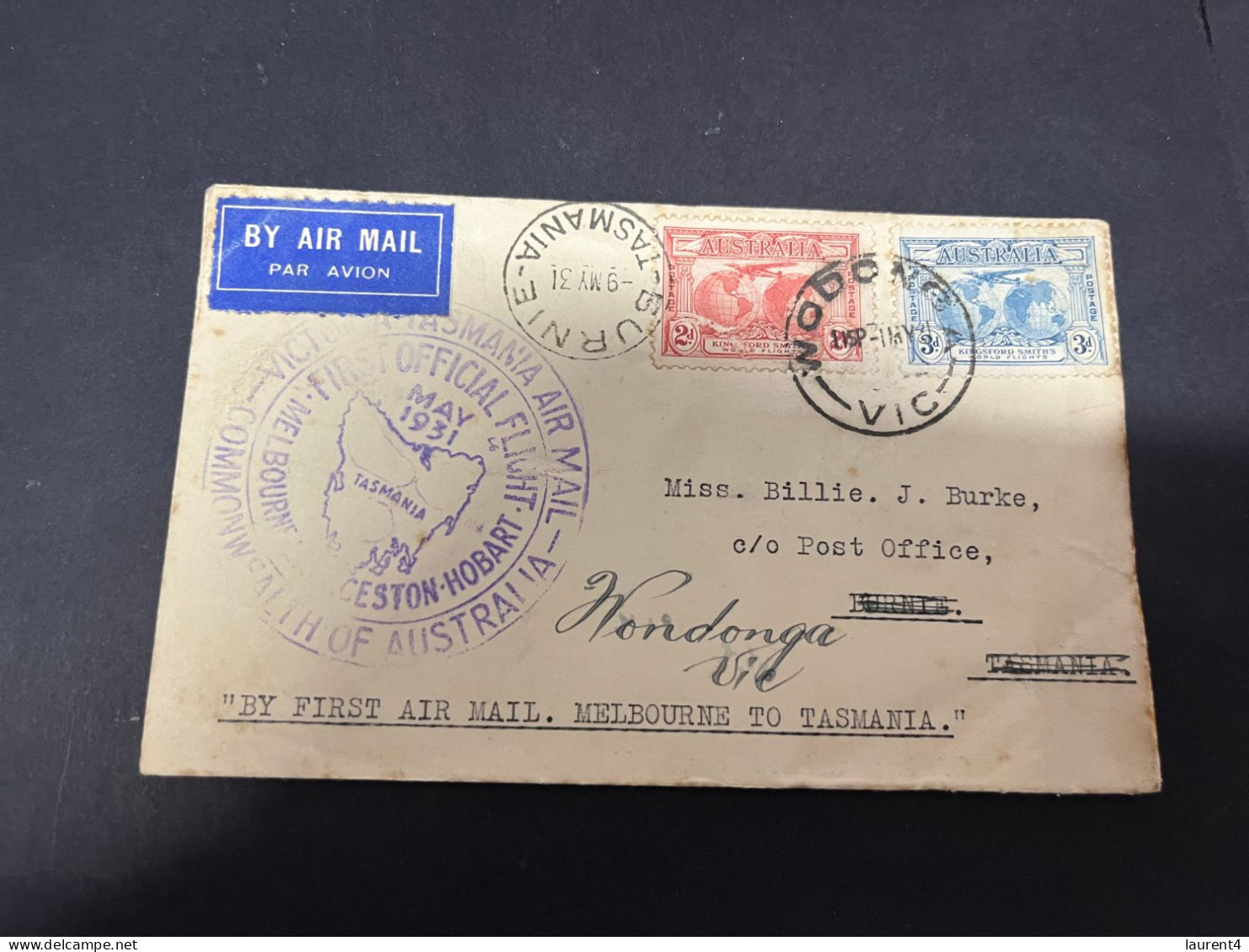 3-3-2024 (2 Y 3) Posted 1931 - First Air Mail From Melbourne To Tasmania (within Australia) - AIR MAIL Letter - Premiers Vols