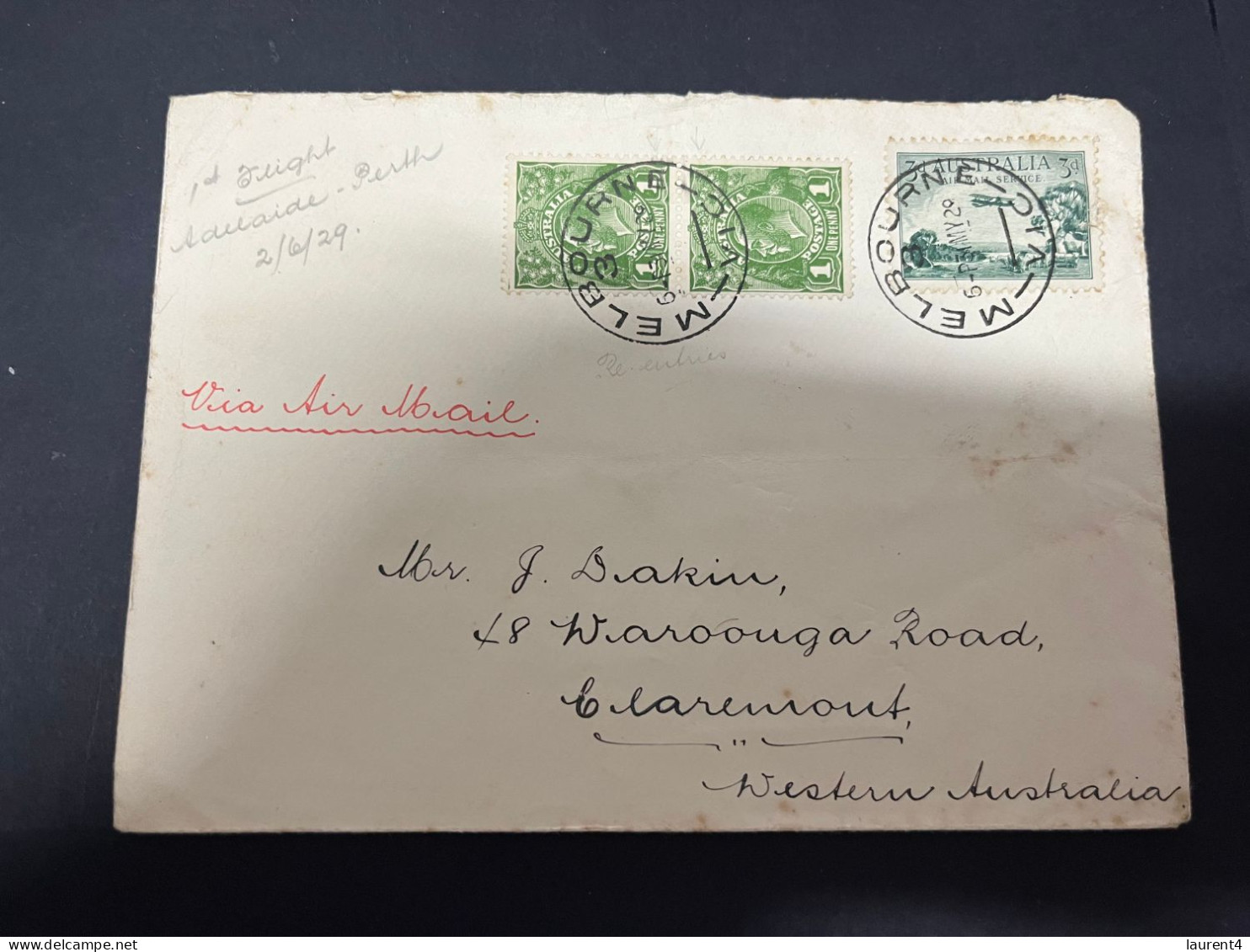 3-3-2024 (2 Y 3) Posted 1929 - First Air Mail From Melbourne To Western Australia (within Australia) - AIR MAIL Letter - Primeros Vuelos