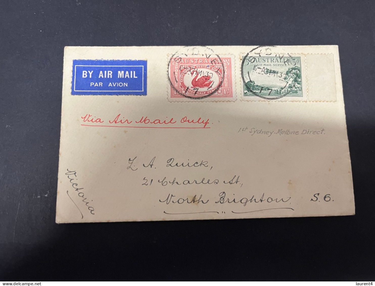 3-3-2024 (2 Y 3) Posted 1930 - First Air Mail From Sydney To Melbourne (within Australia) - AIR MAIL Letter - First Flight Covers