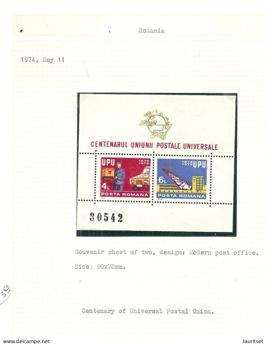 Romania 1974 Michel 3200 - 3201 S/S Block Michel 112 MNH UPU Weltpostverein - WPV (Weltpostverein)