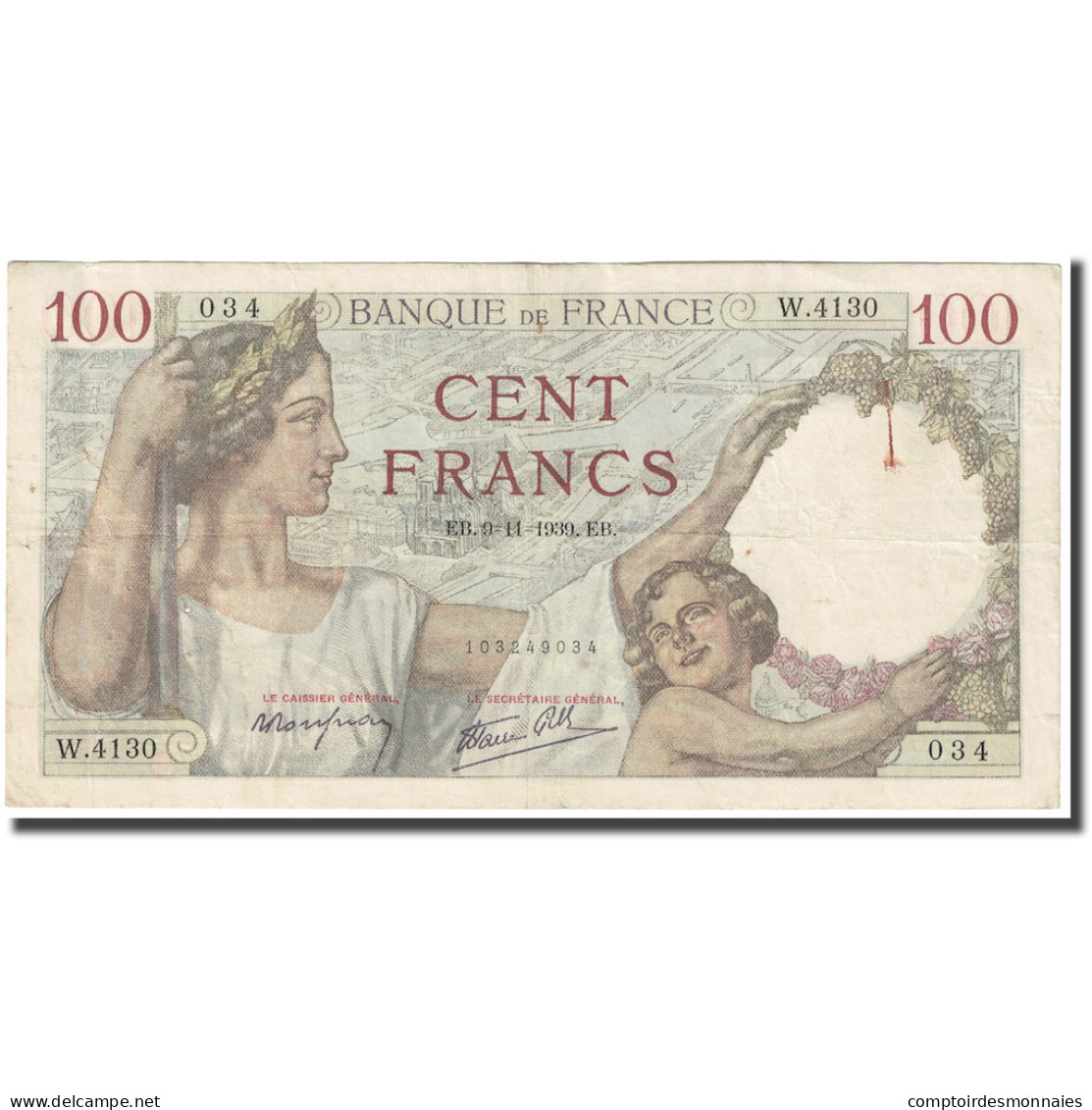 France, 100 Francs, 1939, 1939-11-09, TB+, Fayette:26.14, KM:94 - 100 F 1939-1942 ''Sully''