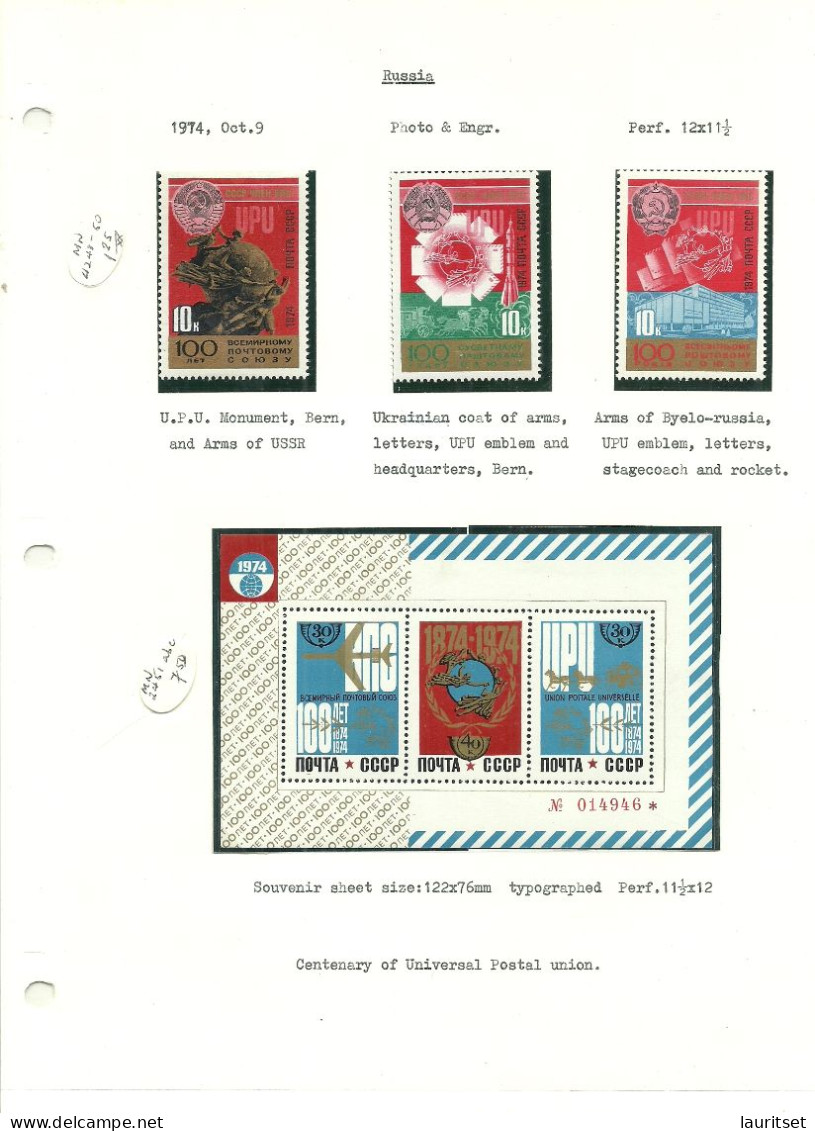 RUSSIA Russland 1974 Michel 4285 - 4287 + S/S Block Michel 98 MNH UPU Weltpostverein - UPU (Universal Postal Union)
