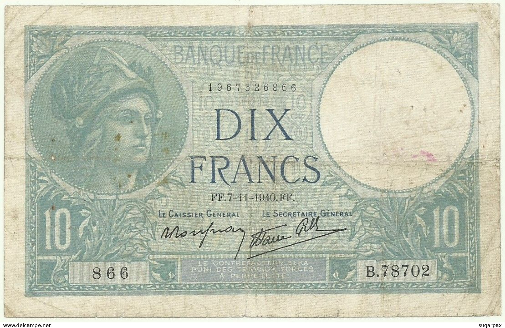 FRANCE - 10 Francs - 7.11.1940 - P 84 - " Minerve " - 10 F 1916-1942 ''Minerve''