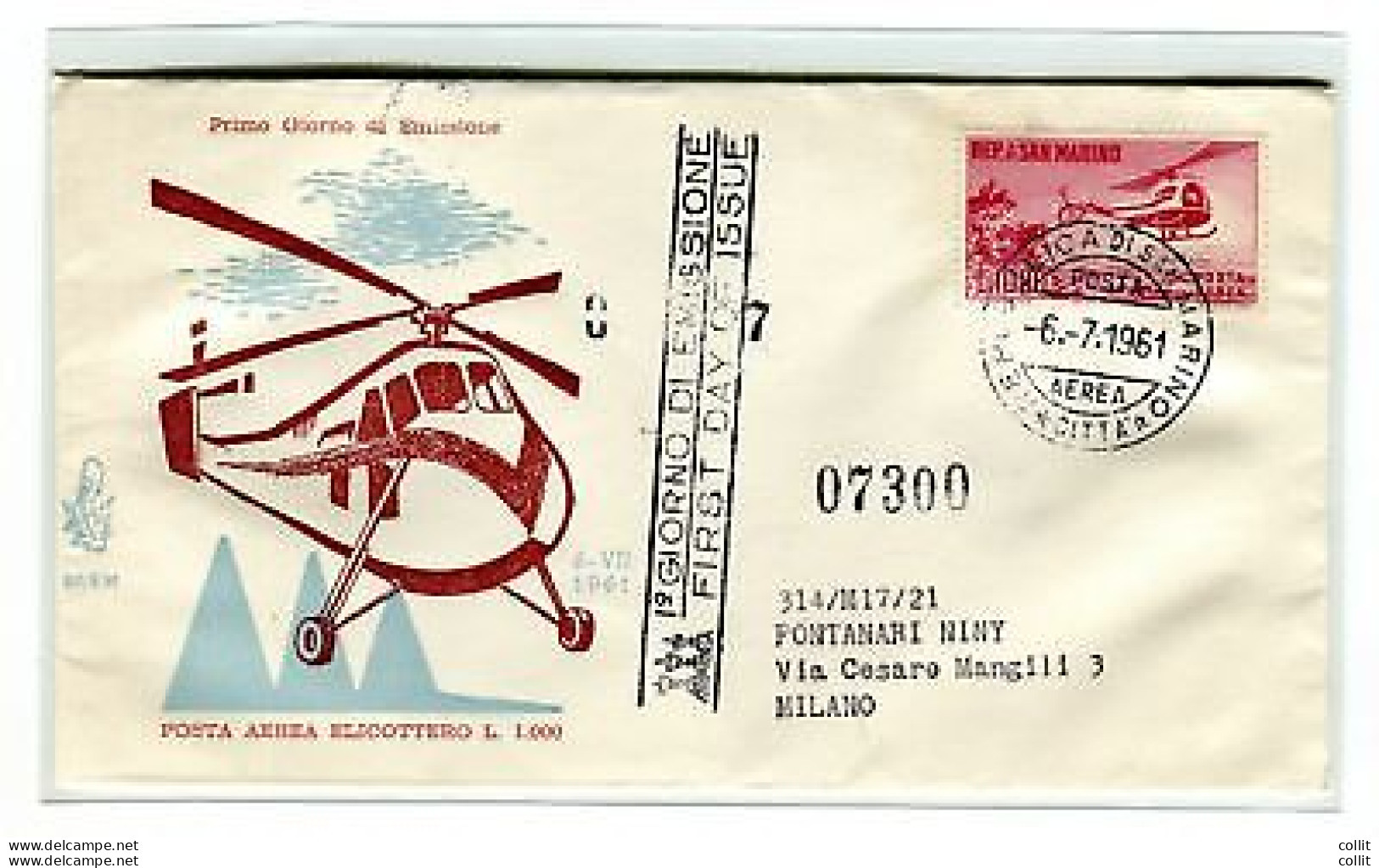 San Marino FDC Venetia 1961 P.A. Elicottero  Viaggiata Racc. Per L'Italia - FDC
