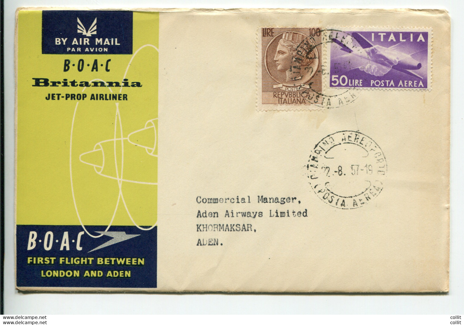 BOAC Roma/Aden Del 22.8.57 - Aerogramma Per Aden - Poste Aérienne