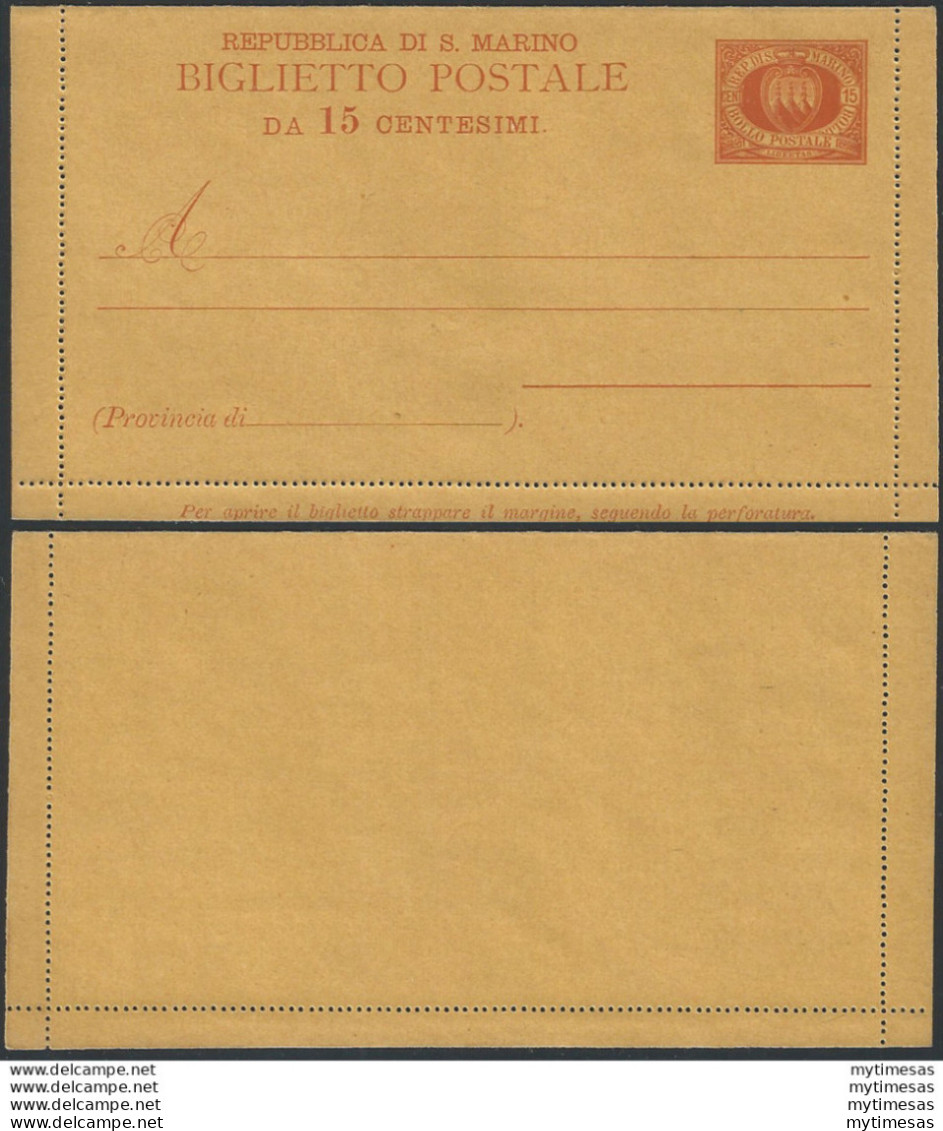 1907 San Marino Biglietti Postali Stemma 15c. Arancio MNH Filagrano B3 - Autres & Non Classés