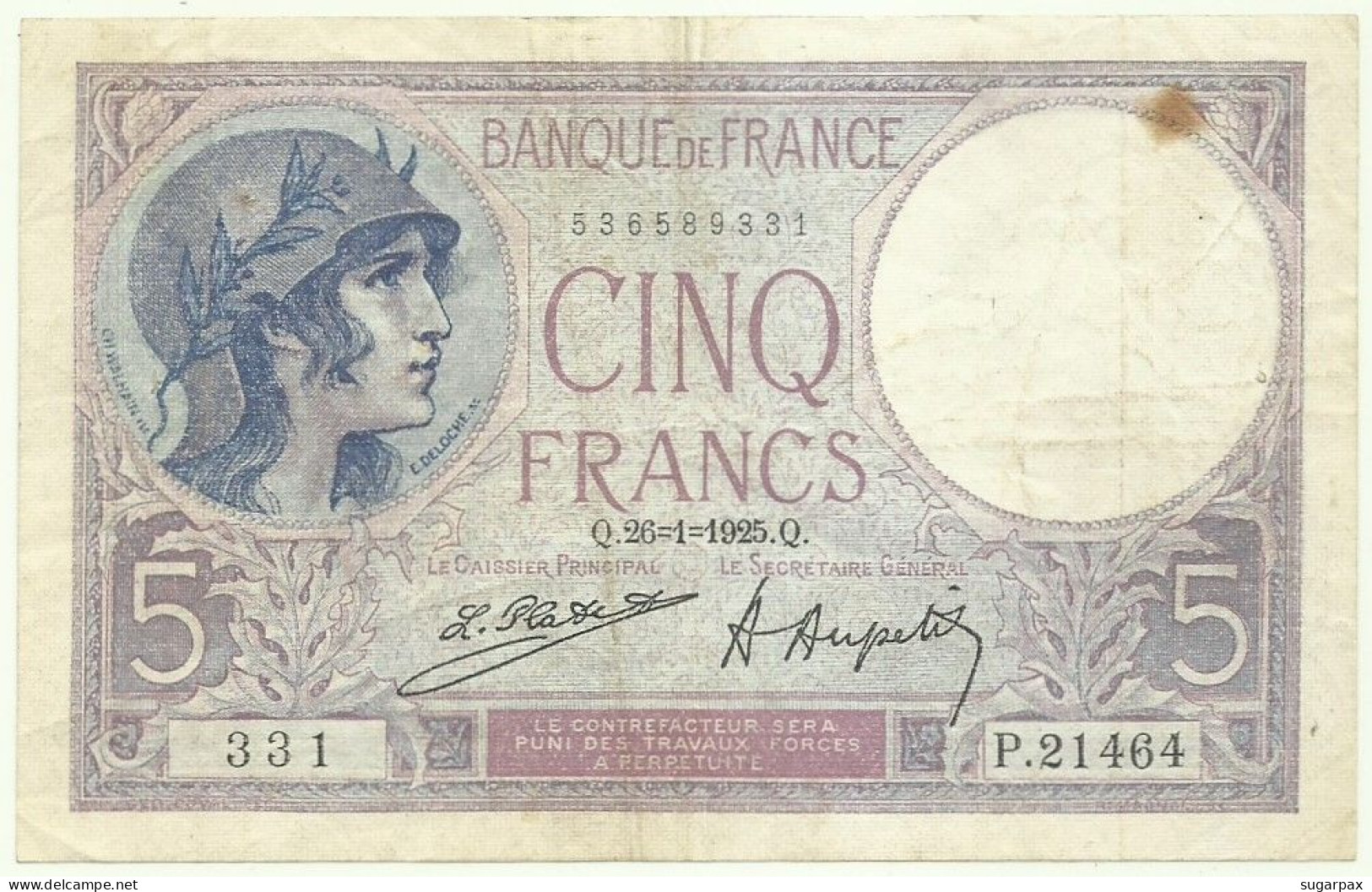 FRANCE - 5 Francs - 26.01.1925 - Pick: 72.c - " Violet " - 5 F 1917-1940 ''Violet''