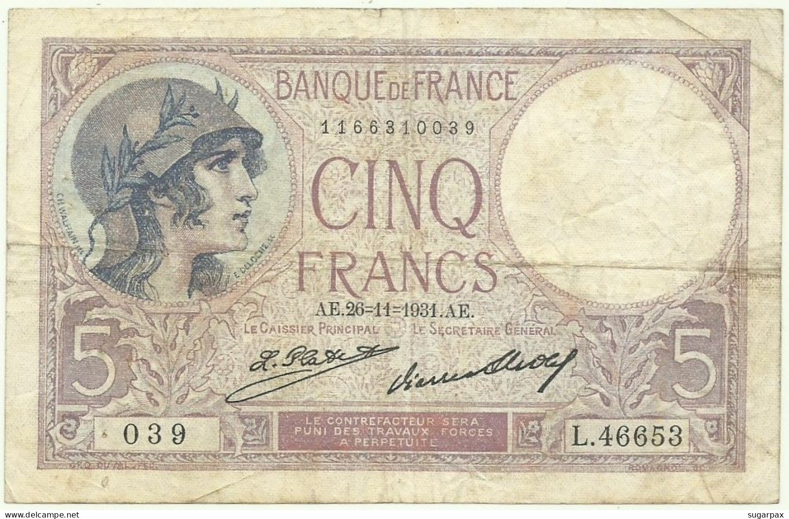 FRANCE - 5 Francs - 26.11.1931 - Pick: 72.d - " Violet " - 5 F 1917-1940 ''Violet''