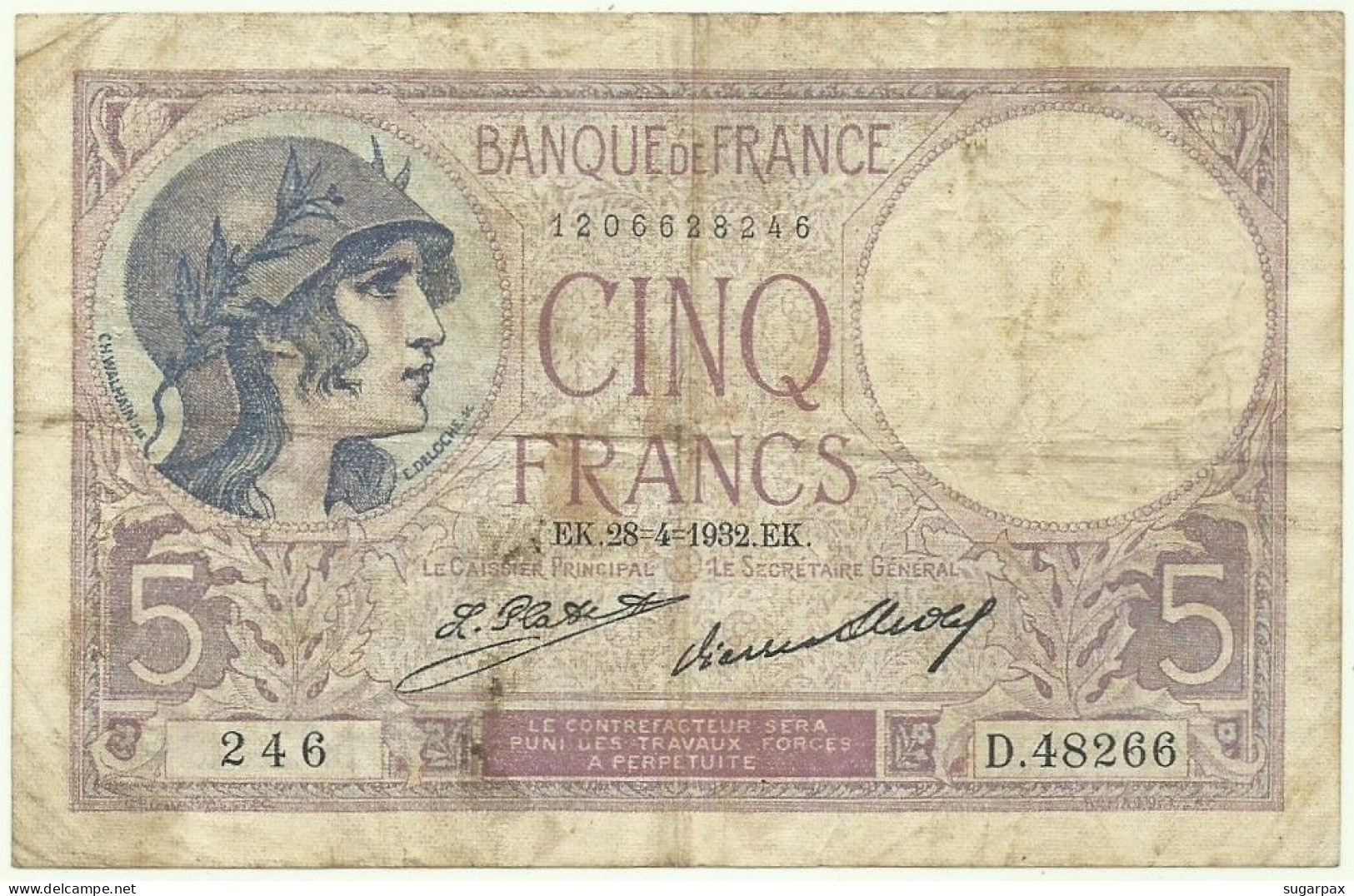 FRANCE - 5 Francs - 26.04.1932 - Pick: 72.d - " Violet " - 5 F 1917-1940 ''Violet''