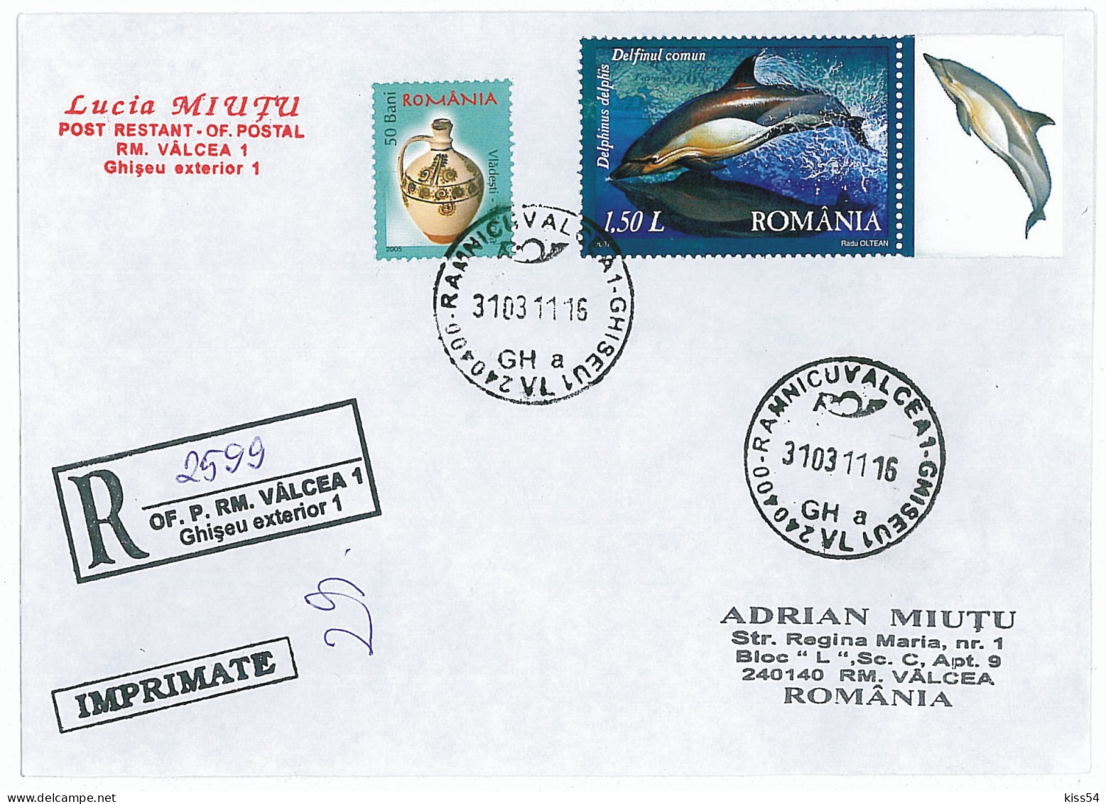 NCP 14 - 2599-a DOLPHIN, Delphinus Delphis, Romania - Registered, Stamps With TABS - 2011 - Delfine