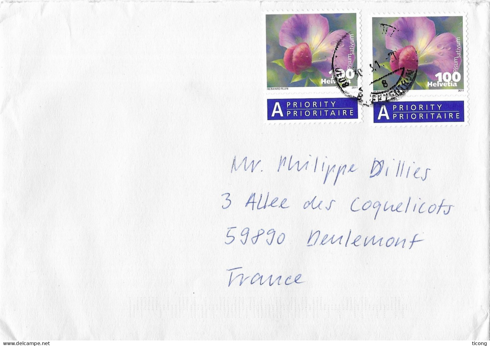 SUISSE 2011 LETTRE TIMBRES AUTOCOLLANT FLEURS DE PETIT POIS, PISUM SATIVUM, VOIR LES SCANNERS - Lettres & Documents