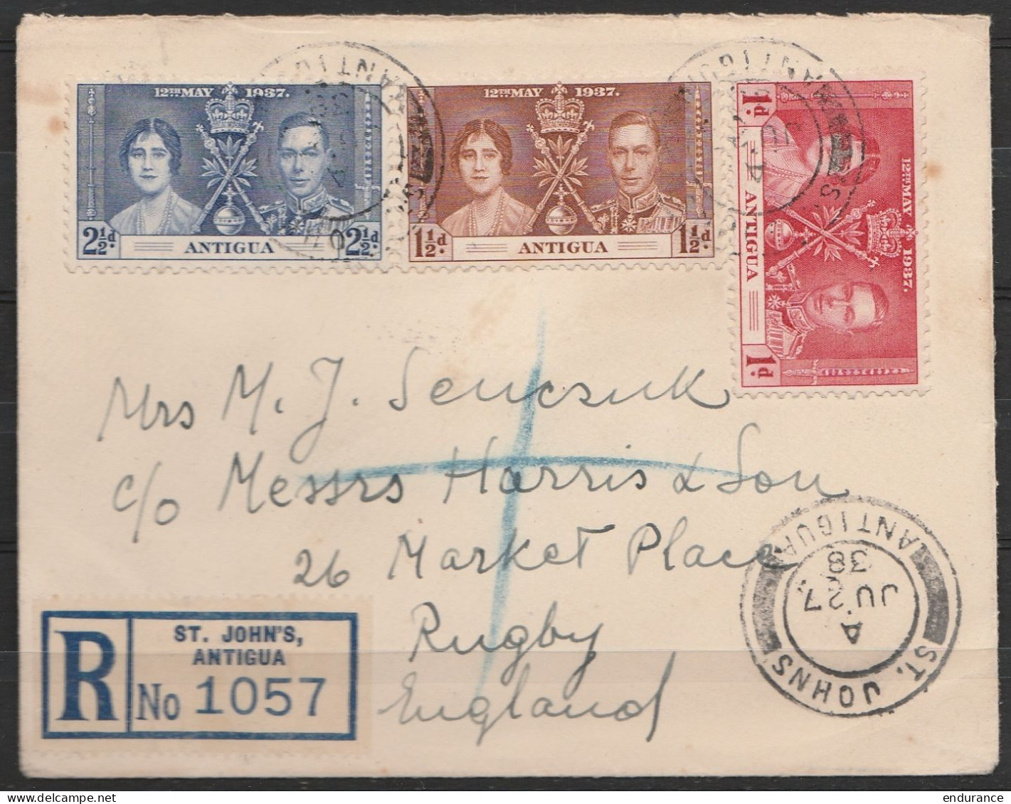 Antigua - Couronnement De George VI - L. Recom. Càd "ST.JOHN/JU 27/1938" Pour RUGBY - 1858-1960 Crown Colony