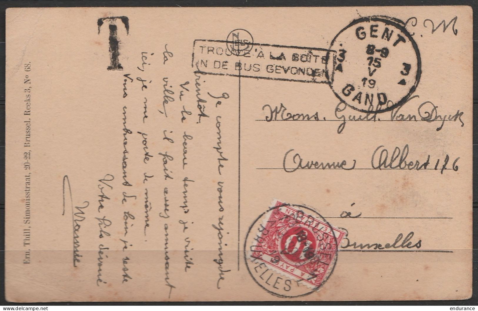 CP De GENT En F.M. Càd "GENT 3A/15 V 1919" Taxé 10c (timbre-taxe Surchargé "BRUSSEL/BRUXELLES" !) + Càd BRUXELLES + [Tro - Cartas & Documentos
