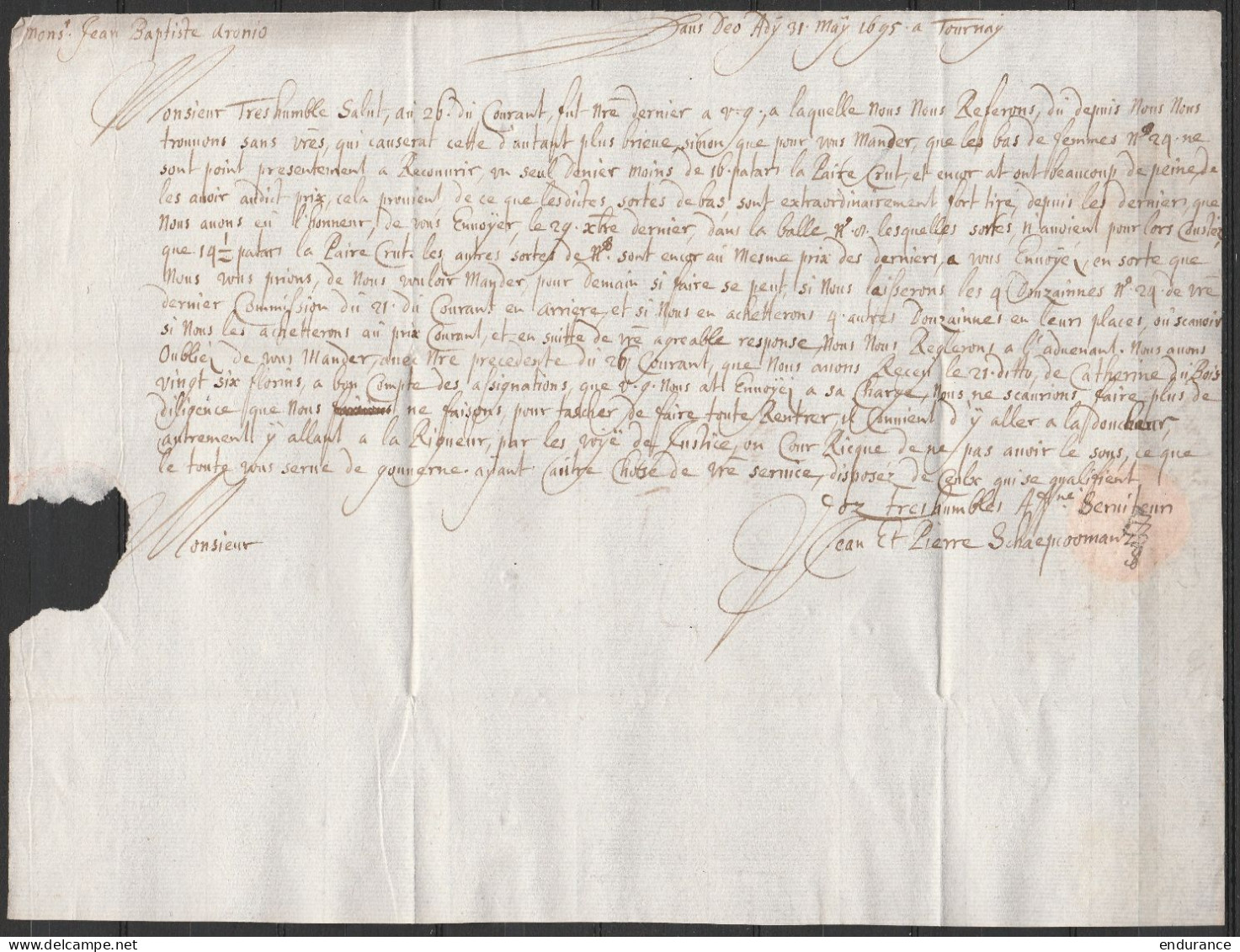 L. Datée 31 Mai 1695 De TOURNAY Pour LILLE - Petite Griffe "Tournay" (avec Un "u", Une Des Premières Dates Connues) RRR - 1621-1713 (Spanische Niederlande)
