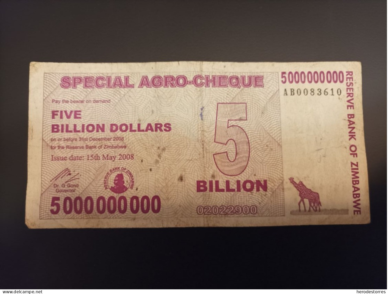 Billete Zimbabwe 5000000000 Billones De Dólares, Año 2008, Nº Bajo - Zimbabwe