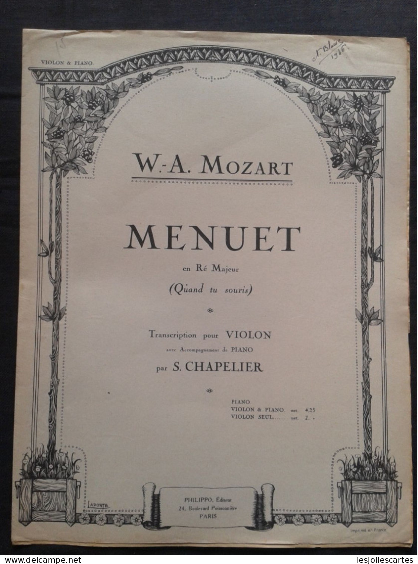 W A MOZART MENUET QUAND TU SOURIS POUR VIOLON & PIANO PARTITION MUSIQUE PHILIPPO - Streichinstrumente