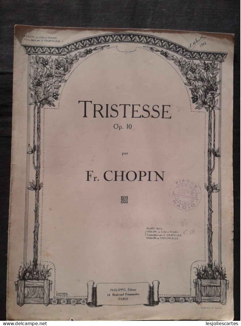 FREDERIC CHOPIN TRISTESSE OP 10 POUR VIOLON ET PIANO PARTITION MUSIQUE PHILIPPO - Instruments à Cordes