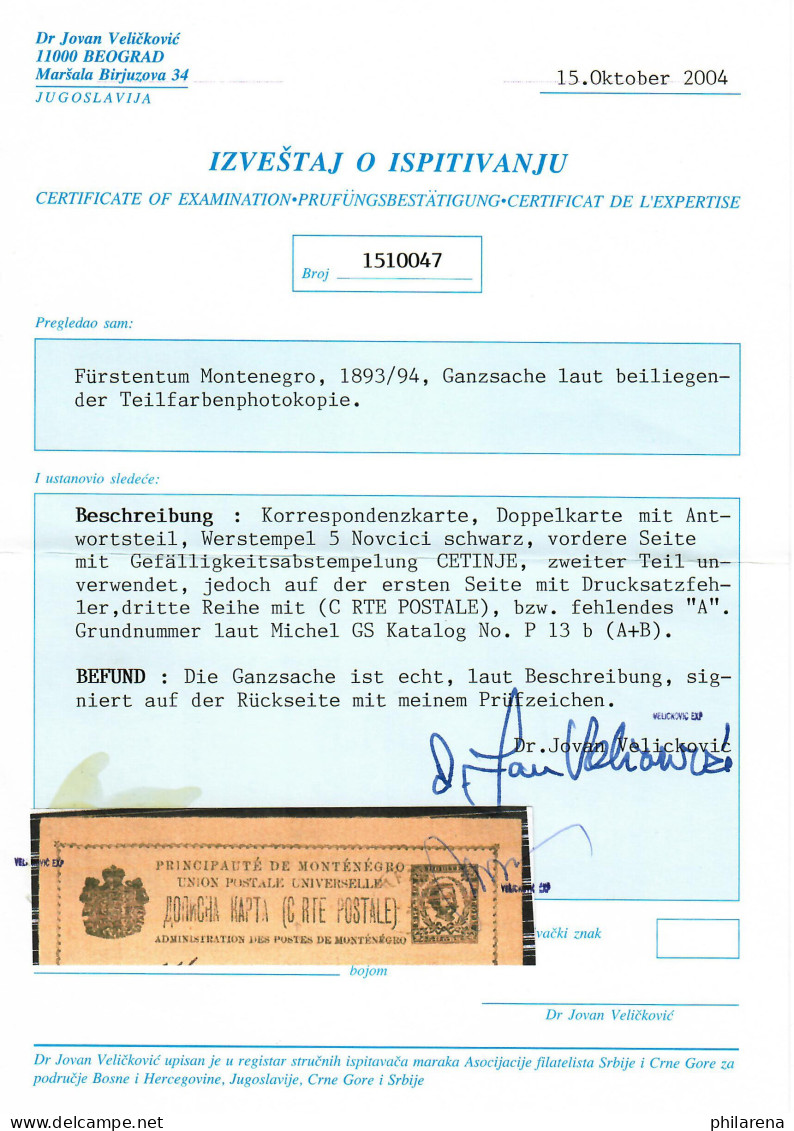 Korrespondez-Doppelkarte, Drucksatzfehler, Gefälligkeitsstempel Centinié P13b - Montenegro