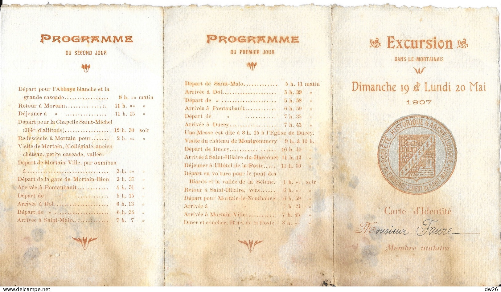 Membre Société Historique & Archéologique Saint-Malo - Excursion Dans Le Mortainais (Manche) Mai 1907 - Tarjetas De Membresía