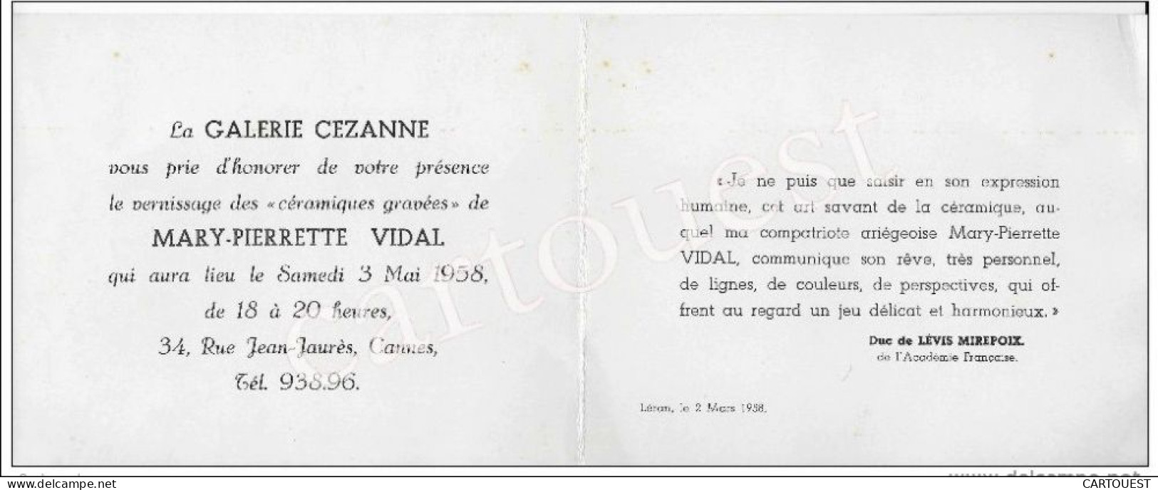 GALERIE CEZANNE CANNES 1958 MARY PIERRETTE VIDAL Vernissage Céramiques Gravées - Andere & Zonder Classificatie