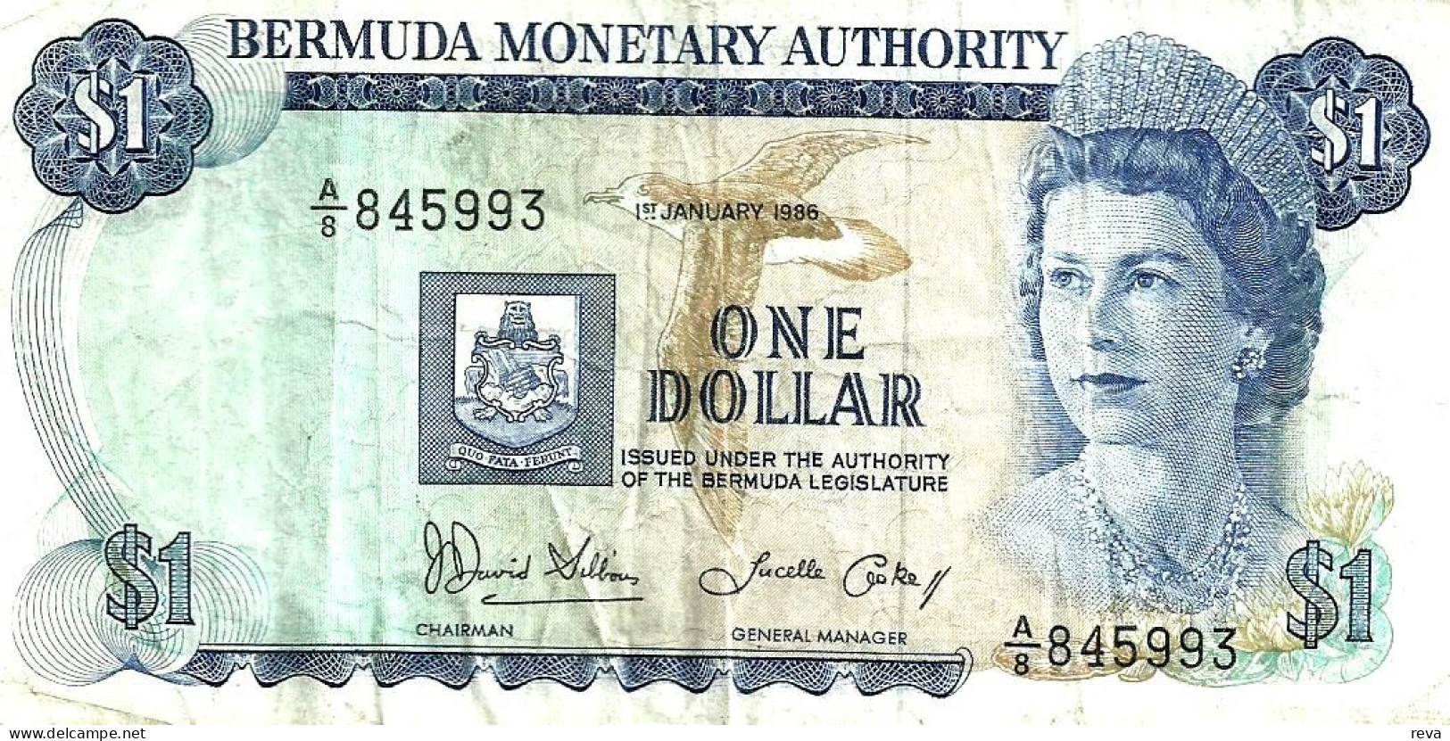 BERMUDA ISLANDS BRITISH $1 BLUE WOMAN QEII HEAD SHIP FRONT BOATS BACK DATED 01-01-1986 AVF P.28b READ DESCRIPTION!! - Bermuda