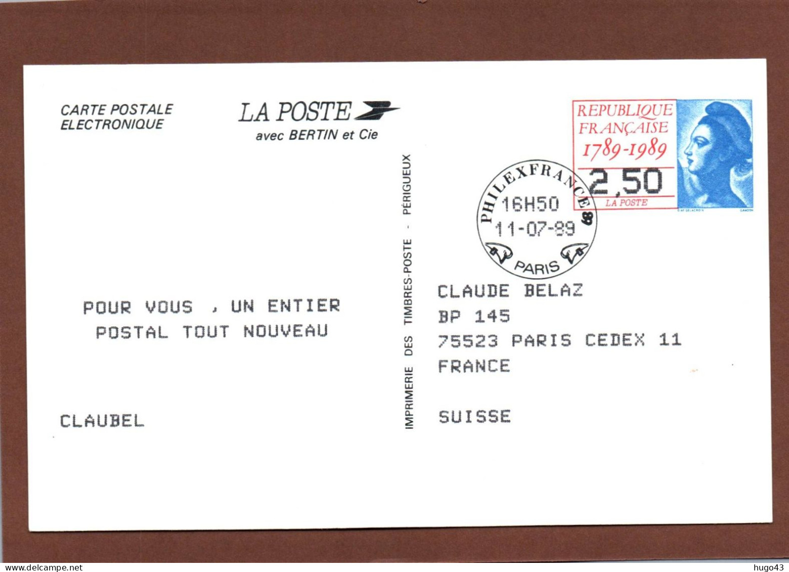 (RECTO / VERSO) PHILEXFRANCE 1989 - ENTIER POSTAL ELECTRONIQUE - PARIS LE 11/07/1989 - Pseudo-interi Di Produzione Ufficiale