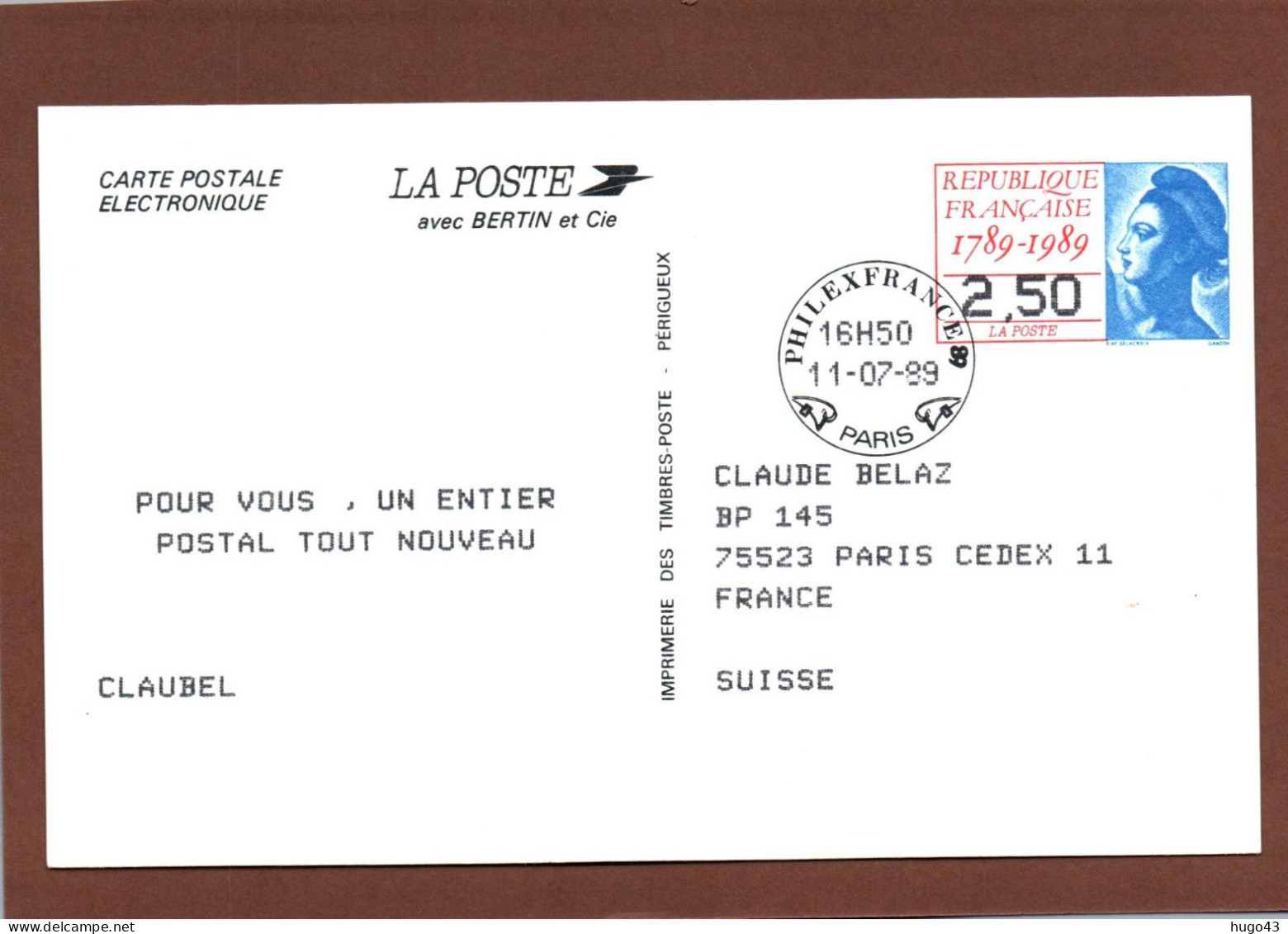 (RECTO / VERSO) PHILEXFRANCE 1989 - ENTIER POSTAL ELECTRONIQUE - PARIS LE 11/07/1989 - Official Stationery