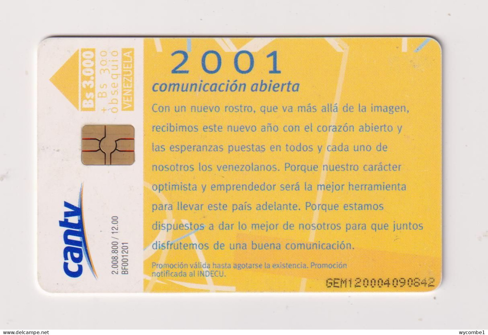 VENEZUELA  -  2001 Calendar Chip Phonecard - Venezuela