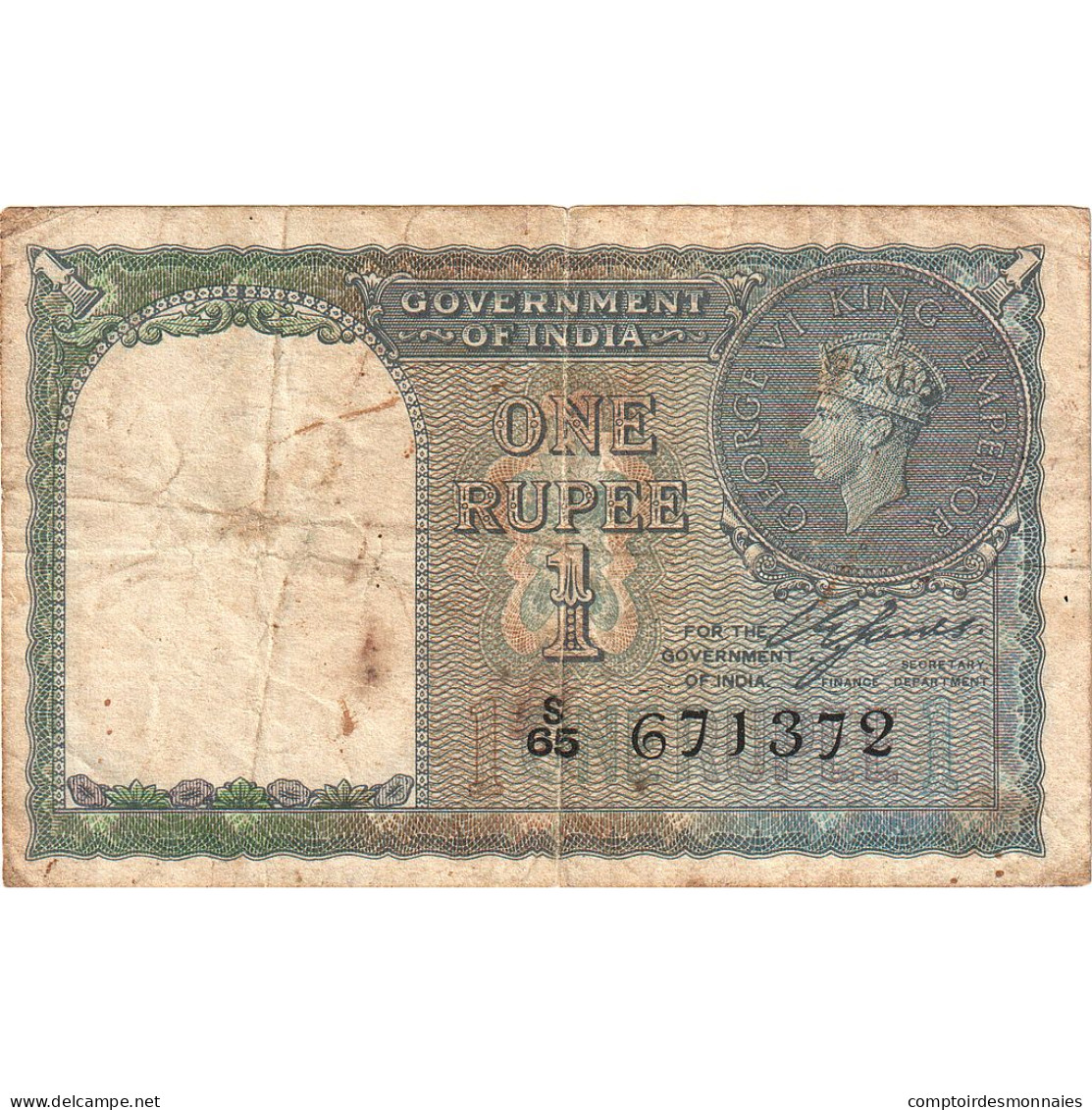 Billet, Inde, 1 Rupee, 1940, Undated (1940), KM:25a, TB - India