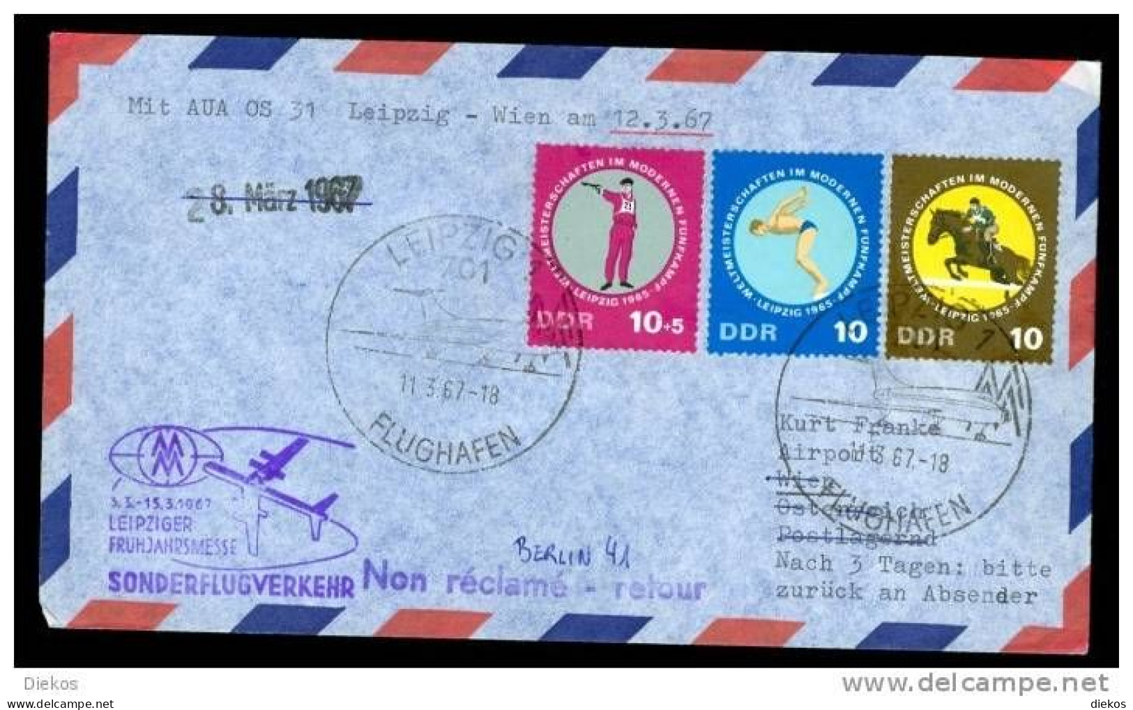 FIRST FLIGHT COVER Erstflug  AUA OS31 Leipzig - Wien 1967 Messe #151 - Airmail