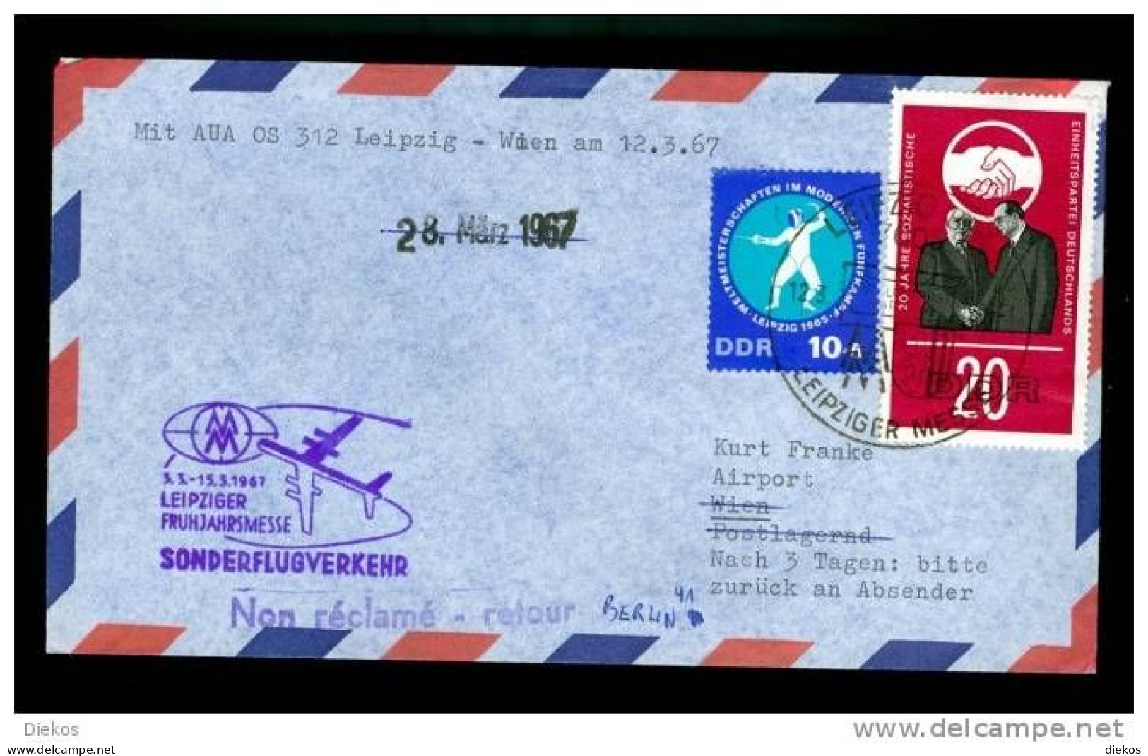 FIRST FLIGHT COVER Erstflug   AUA Leipzig - Wien Soderflug Messe 1967 #148 - Posta Aerea