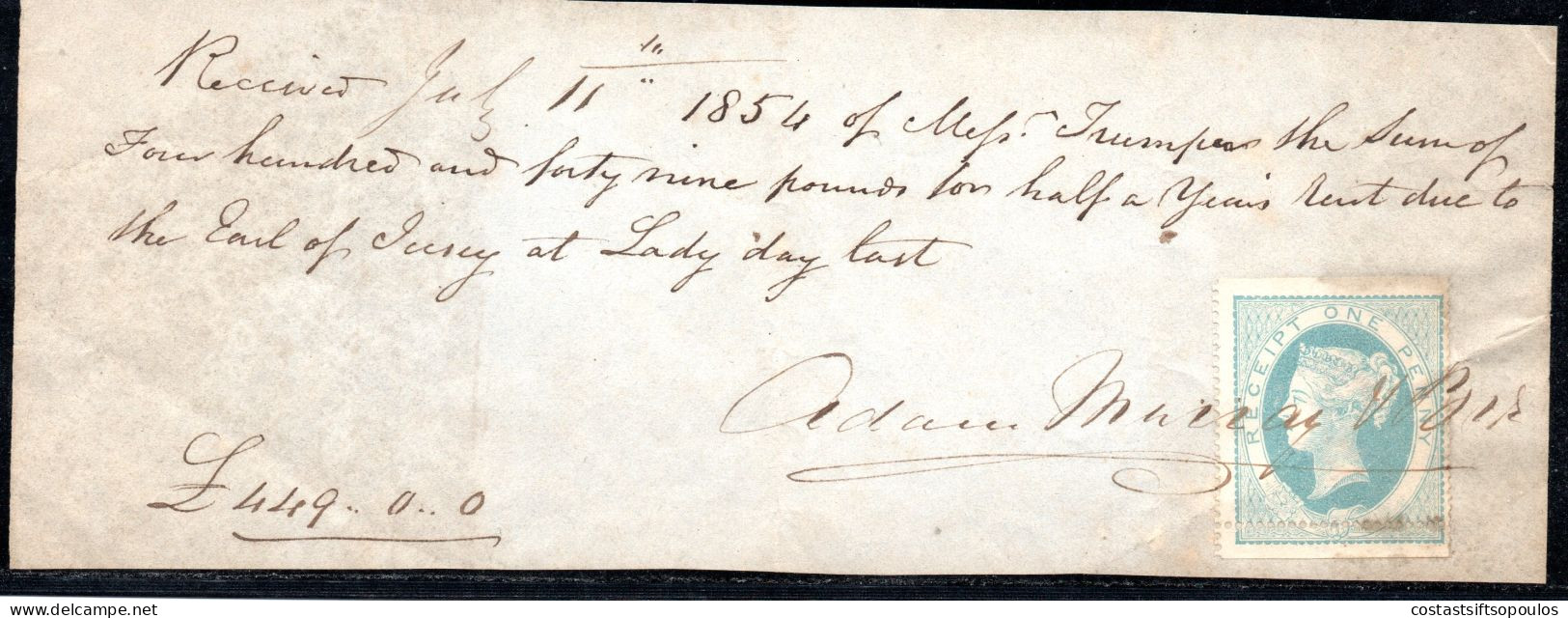 2551  U.K. 1d. REVENUE ON 1854 SMALL VERY INTERESTING DOCUMENT.FOLDED VERTICALLY, WILL BE SHIPPED FOLDED - Steuermarken