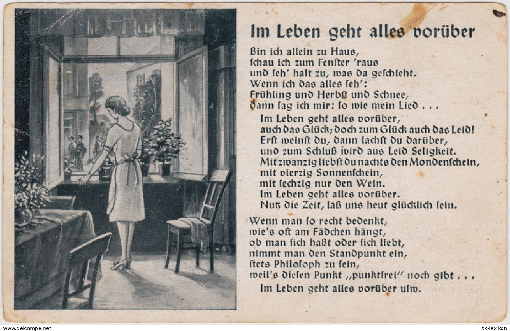 Ansichtskarte  Im Leben Geht Alles Vorrüber. Frau Am Fenster 1938 - Philosophie & Pensées